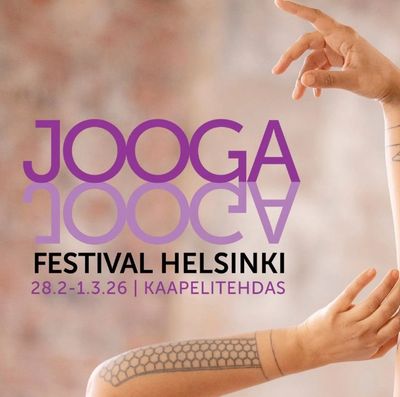 JoogaFestival Helsinki -tapahtuman mainoskuva käsivarsista ja tekstistä 28.2.-1.3.26 Kaapelitehdas