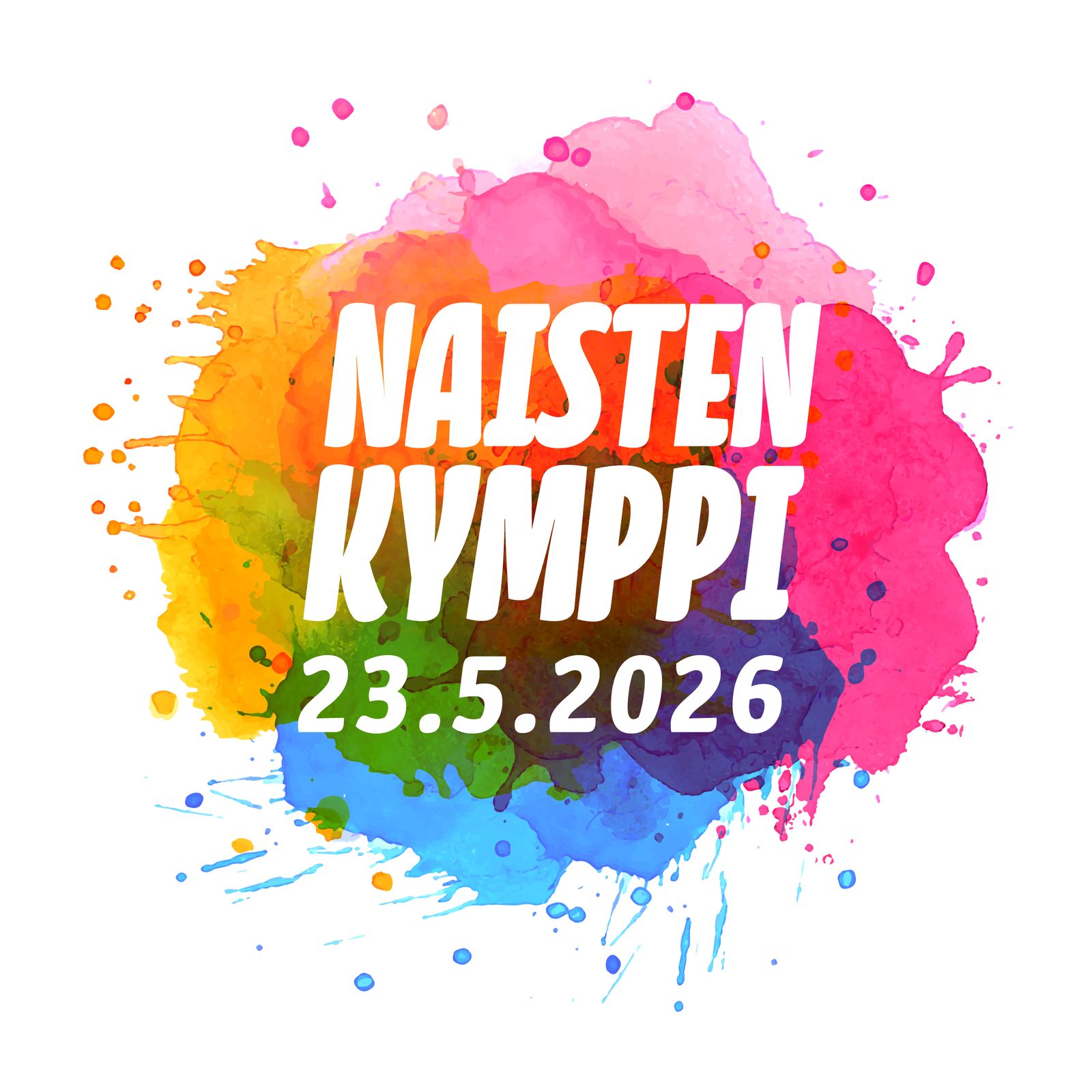 Naisten Kymppi -tapahtuman logo värikkäällä maalitahra-taustalla, tekstillä 23.5.2026